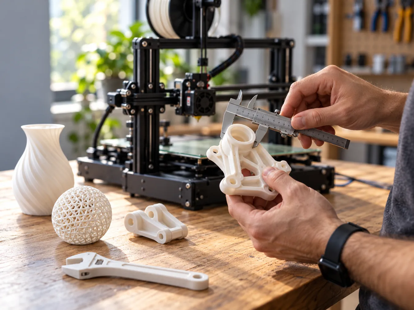 A technical 3D printed component being checked with calipers in a workshop