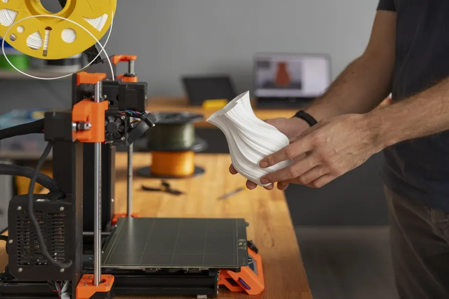 A person holding a white 3D printed vase near a printer